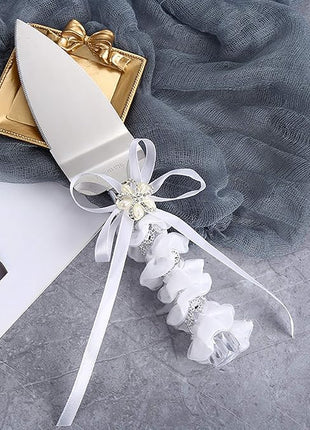 TANG SONG Stainless Steel Elegant Wedding Cake Knife and Serving Set Resin Plastic Handle Pearl Flower Shape with Lace Wedding Cake Knife and Shovel