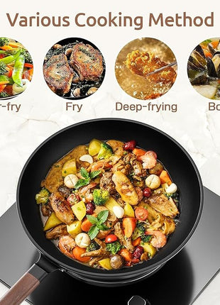 Carbon Steel Wok - Including Glass Cover and Silicone Spatula, 13-Inch Woks & Stir-Fry Pans for Induction, Electric, Gas Stoves