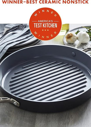 GreenPan Valencia Pro Hard Anodized Healthy Ceramic Nonstick 11" Grill Pan, PFAS-Free, Induction, Dishwasher Safe, Oven Safe, Gray