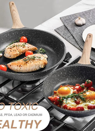 Caannasweis Nonstick Granite Frying Pan Skillet, Non Stick Omelette Fry Pans, Omelet Egg Pan, Stone Cookware Chef's Pan, Induction Compatible, PFOA Free (Gray, 12 Inch with Lid)