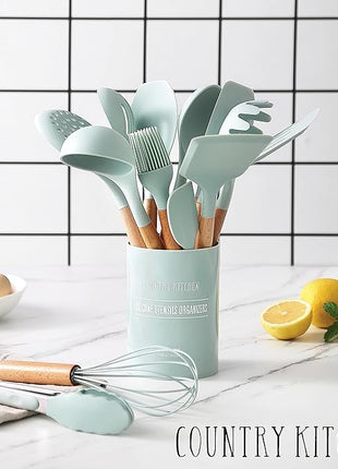 Country Kitchen Non Stick Silicone Utensil Set with Rounded Wood Handles for Cooking and Baking, 14 Piece Set, Mint