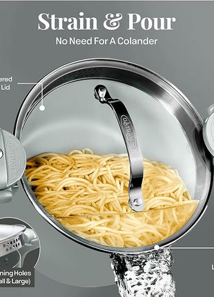 Gotham Steel 5 Quart Stock Pot Multipurpose Pasta Pot with Strainer Lid & Twist and Lock Handles, Ceramic Nonstick Cooking Pots + Pasta Strainer Lid, Spaghetti Pot, Dishwasher Safe