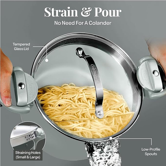 Gotham Steel 5 Quart Stock Pot Multipurpose Pasta Pot with Strainer Lid & Twist and Lock Handles, Ceramic Nonstick Cooking Pots + Pasta Strainer Lid, Spaghetti Pot, Dishwasher Safe