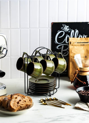 YHOSSEUN Ceramic Espresso Cups Set of 6, 4 Oz Expresso Shots Cup with Stand, Saucers & Spoons, Small Coffee Cup for Double Espresso, Mocha and Tea, Green