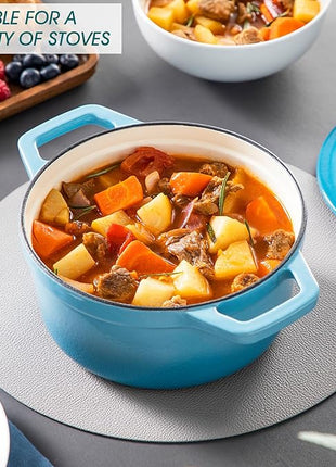 vancasso Enameled Cast Iron Dutch Oven, 2.5 QT Blue Naturally Non-Stick Casserole Dish Cookware, with Stainless Steel Knob Lid Cast Iron Casserole for Steam Braise Bake Broil Saute Simmer Roast