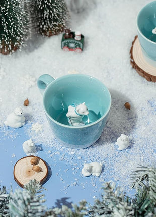 DIHOclub Skiing Polar Bear Ceramic Cup Hidden Animal Inside Mug Cute Cartoon Handmade Figurine Mugs,Holiday and Birthday Gift for Coffee Milk Tea Lovers,12 OZ(Blue White)