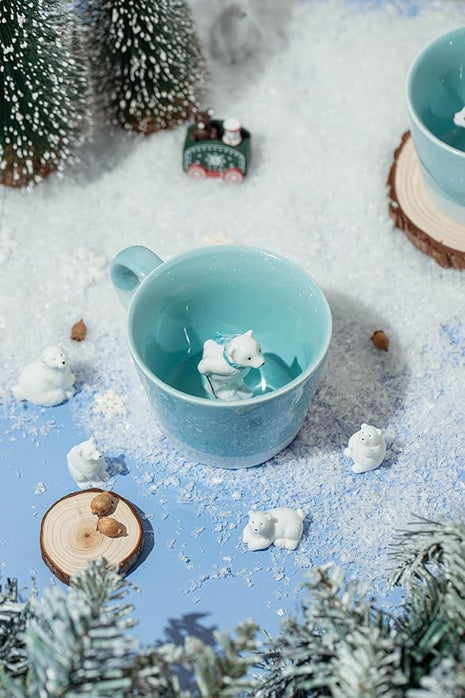 DIHOclub Skiing Polar Bear Ceramic Cup Hidden Animal Inside Mug Cute Cartoon Handmade Figurine Mugs,Holiday and Birthday Gift for Coffee Milk Tea Lovers,12 OZ(Blue White)