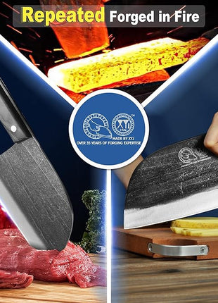 XYJ Authentic Since 1986,Outstanding Ancient Forging,6.7 Inch Full Tang,Serbian Chefs knife,Chef Meat Cleaver,Kitchen Knives,Set with Leather Sheath,Take Carrying,Butcher