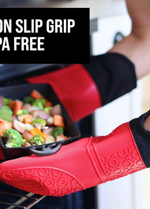 BPA-Free Soft Silicone Oven Mitts - Ultra Heat Resistant Oven Mitts with Thick Cotton Liner - Extra Long Slip Resistant Pot Holders, Flexible Oven Gloves - Red/Black 14.7"