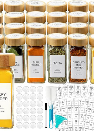 AISIPRIN Glass Spice Jars with 398 Labels, 24 pcs 4oz Spice Containers with Bamboo Lids, Square Spice Bottles With Shaker Lids,Spice Organization for Cabinet,Drawer,Rack,Seasoning Organizer
