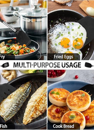 Pack of 4 Large Silicone Cooking Spatulas and Spoons, Slotted and Solid Stainless Steel Cooking Utensils Set, Non-stick Heat Resistant Kitchen for Baking, Fried, Stir-Fry, Mixing, Serving (Black)