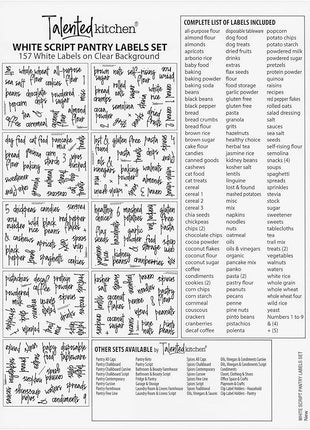 Talented Kitchen Script Pantry Labels - Water-Resistant Reusable Stickers for Pantry Organization - Clear Flour Sugar Stickers - Peel & Stick Spice Jar Labels - 1"-1.5", Laminated Vinyl, 157 Count
