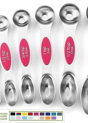 Spring Chef Pink Stainless Steel Magnetic Measuring Spoons Set of 8 with Leveler, Dual Sided Teaspoon & Tablespoon Measuring Set for Dry and Liquid Ingredients, Kitchen Gadgets for Baking & Cooking