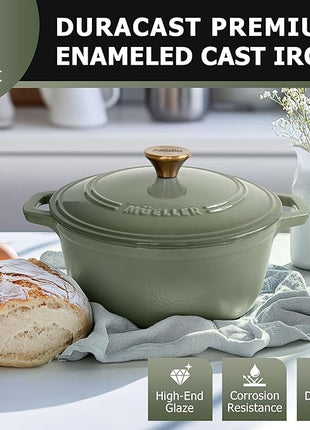 MUELLER HOME 6 Quart Enameled Cast Iron Dutch Oven For Sourdough Bread Baking, Heavy-Duty, Oven-Safe up to 500° F & Across All Cooktops, Casserole Dishes, Green Kitchen Accessories, Thyme Green