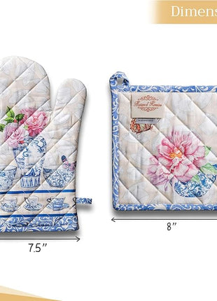 Maison d' Hermine 100% Cotton Oven Mitt & Pot Holder Set (7.5"x13" & 8"x8") Heat Resistant BBQ Cooking Gloves with Loop, Baking, Grilling, Kitchen, Handling Hot Pans Spring/Summer (Canton)