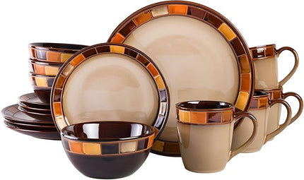 Gibson Casa Estebana 16-Piece Dinnerware Set, Service for 4 – Beige and Brown Stoneware Plates and Bowls
