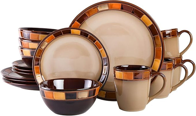 Gibson Casa Estebana 16-Piece Dinnerware Set, Service for 4 – Beige and Brown Stoneware Plates and Bowls