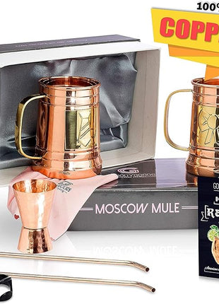G GOODYGOODS Moscow Mule Copper Mugs: Make Any Drink Taste Better! 100% Pure Solid Copper His & Hers Gift Set - 2 Hammered 18 OZ Cups, 2 Unique Straws, Jigger & Recipe Booklet