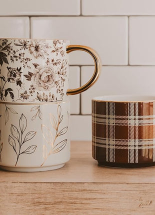 Sweet Water Decor Brown Delft Mug with Gold Handle, 14oz Fine Bone China Coffee Cup for Tea, Latte, or Hot Cider, Vintage Floral Fall Drinkware, Hostess & Housewarming Gift for Women & Teachers