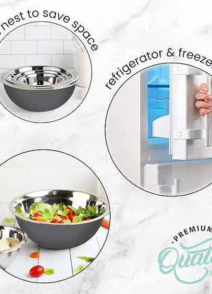 WHYSKO Meal Prep Stainless Steel Mixing Bowls Set, Home, Refrigerator, and Kitchen Food Storage Organizers | Ecofriendly, Reusable, Heavy Duty (Gray)