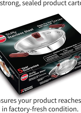 Hawkins 2.5 Litre Deep Fry Pan, Triply Stainless Steel Kadai with Glass Lid, Flat Bottom Induction Kadhai, Silver (SSD25G)