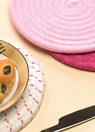 Kitchen Potholders Set Trivets Set 100% Pure Cotton Thread Weave Hot Pot Holders Set (Set of 3) Stylish Coasters, Hot Pads, Hot Mats, Spoon Rest For Cooking and Baking by Diameter 7 Inches (Pink)