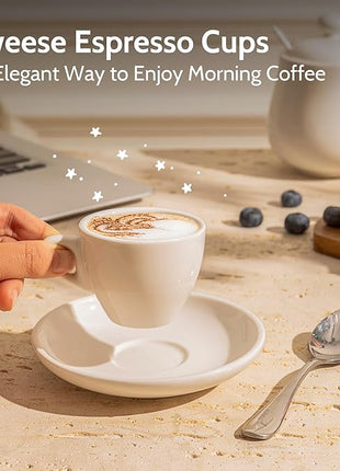 Sweese 2 Ounce Espresso Cups with Saucers, Porcelain Espresso Cups Set of 6 - White