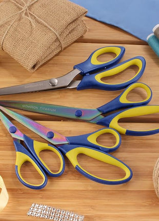 BambooMN Titanium Softgrip Scissors Set - Pinking, Sewing, Arts, Crafts, Office - 3 Sets of 4 - Blue w/Yellow