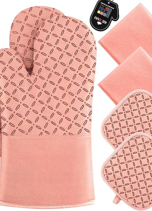 KEGOUU Oven Mitts and Pot Holders 6pcs Set, Kitchen Oven Glove High Heat Resistant 500 Degree Extra Long Oven Mitts and Potholder with Non-Slip Silicone Surface for Cooking (Pink)