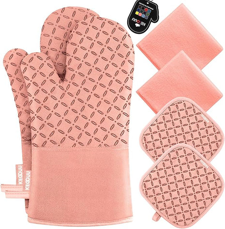 KEGOUU Oven Mitts and Pot Holders 6pcs Set, Kitchen Oven Glove High Heat Resistant 500 Degree Extra Long Oven Mitts and Potholder with Non-Slip Silicone Surface for Cooking (Pink)