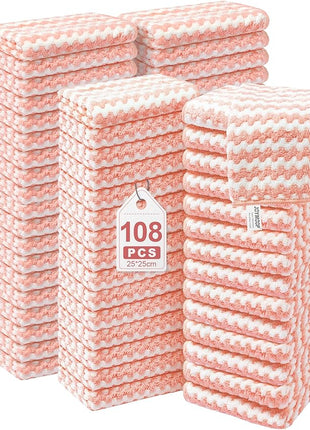 JOYMOOP 108 Packs Microfiber Cleaning Cloths, 10" x 10" Reusable Kitchen Towels, Lint-Free Cleaning Rags, Super Absorbent Cleaning Cloths for Kitchen, Car, and Household Cleaning, Pink