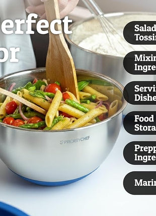 Priority Chef Stainless Steel Mixing Bowls with Lids Set, Metal Nesting Bowls with Airtight Lids, Graters, Non-Slip Base & Measurement Marks, Includes Utensil Set for Prep, Baking & Storage, Blue