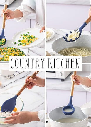 Country Kitchen Non Stick Silicone Utensil Set with Rounded Wood Handles for Cooking and Baking, 8 Piece Set, Navy