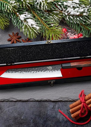 MITSUMOTO SAKARI Kiritsuke Chef Knife 9 inch - Hand Forged Japanese Kitchen Knives, 3-Layer 9CR18MOV High Carbon Steel, Rosewood Handle & Sandalwood Box