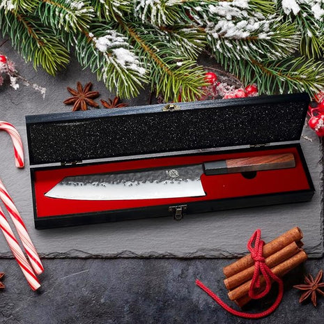 MITSUMOTO SAKARI Kiritsuke Chef Knife 9 inch - Hand Forged Japanese Kitchen Knives, 3-Layer 9CR18MOV High Carbon Steel, Rosewood Handle & Sandalwood Box