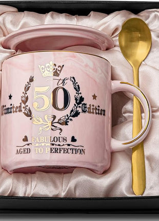 50th Birthday Gifts for Women Her, Fabulous 50 Aged to Perfection, 14oz Gold Pattern Coffee Mug, Cool Gifts Idea for Turning 50 Year old Mom, Wife, Daughter, Sister, Friends, Aunt, Nice Gift Boxed