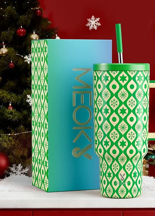 Meoky 40 oz Christmas Tumbler with Handle and Straw, Xmas Tumbler with Lid and Straw, Insulated Stainless Steel Travel Mug, Christmas Gifts for Women Men Adults (Emerald Cheer)