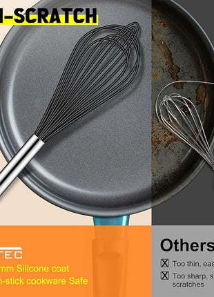 HOTEC 4 Pieces Silicone Whisks Set, Wire Balloon Whisks Egg Beater, Non-slip Handle Whisk for Non-stick Cookware Perfect for Cooking, Stirring, Beating and Blending (Black)