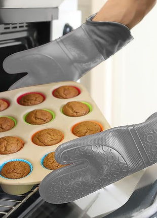 BPA-Free Soft Silicone Oven Mitts - Ultra Heat Resistant Oven Mitts with Thick Cotton Liner - Extra Long Slip Resistant Pot Holders, Flexible Oven Gloves - Gray 14.7"