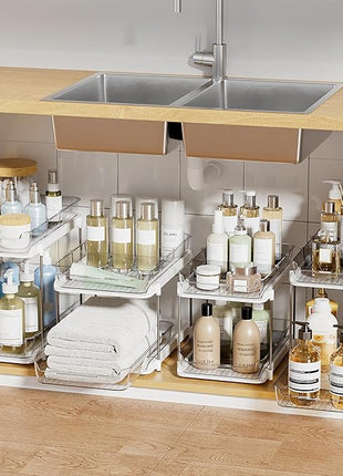 Delamu 2-Tier Multi-Purpose Bathroom Under Sink Organizers and Storage, Stackable Kitchen Pantry Organization, Pull Out Medicine Cabinet Organizer with Movable Dividers, White, 4Pack