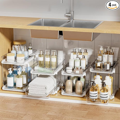 Delamu 2-Tier Multi-Purpose Bathroom Under Sink Organizers and Storage, Stackable Kitchen Pantry Organization, Pull Out Medicine Cabinet Organizer with Movable Dividers, White, 4Pack