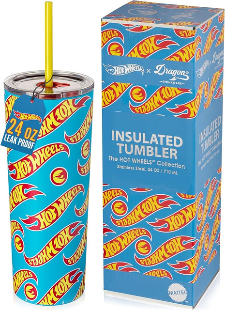 Dragon Glassware x Hot Wheels Insulated Tumbler with Lid and Straw - 24 oz Tumbler Cup with 2 Straws - Stainless Steel Tumbler with Straw for Water, Iced Tea - Travel Coffee Tumbler - Race Team