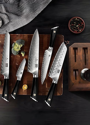 SHAN ZU Damascus Kitchen Knife Set, 7-Piece Professional Knife Sets for Chefs, Japanese 10Cr15CoMoV Super Steel With G10 Handle Knife Block Set, GYO Series
