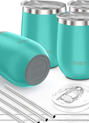 THILY Stainless Steel Stemless Wine Glasses 4 Pack Vacuum Insulated Cute Travel Wine Tumbler Set with Splash-proof Lids, Reusable Straws, Keep Cold & Hot for Wine, Coffee, Teal