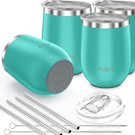 THILY Stainless Steel Stemless Wine Glasses 4 Pack Vacuum Insulated Cute Travel Wine Tumbler Set with Splash-proof Lids, Reusable Straws, Keep Cold & Hot for Wine, Coffee, Teal