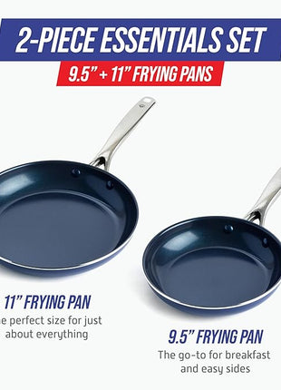 Blue Diamond 9.5” & 11" Nonstick Frying Pan Skillet Set, Diamond Infused PFAS & PTFE-Free Ceramic Pots & Pans, Dishwasher & Oven Safe, Stay Cool Handles, Durable Non Toxic Metal Utensil Safe, Blue