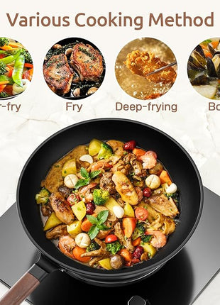 Carbon Steel Wok, 13-Inch, Pre-Seasoned, Non-Stick, with Lid and Spatula, Flat Bottom, Ideal for Stovetop Cooking