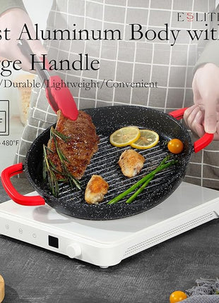 ESLITE LIFE Nonstick Grill Pan for Indoor Cooking, Versatile Induction Square Large Grilling Skillet Steak Pan for Stove Tops, PTFE & PFOA Free (Black, 11" w/Round & Lid & Tongs)