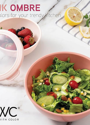 COOK WITH COLOR Mixing Bowls with TPR Lids - 12 Piece Plastic Nesting Bowls Set includes 6 Prep Bowls and 6 Lids, Microwave Safe (Rose)