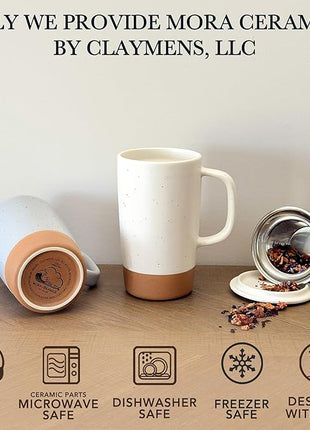 Mora Ceramics Large Tea Mug with Loose Leaf Infuser and Ceramic Lid, 18 oz, Portable, Microwave and Dishwasher Safe, Tall Coffee Cup - Rustic Matte Ceramic Glaze, Modern Herbal Tea Strainer, Cotton
